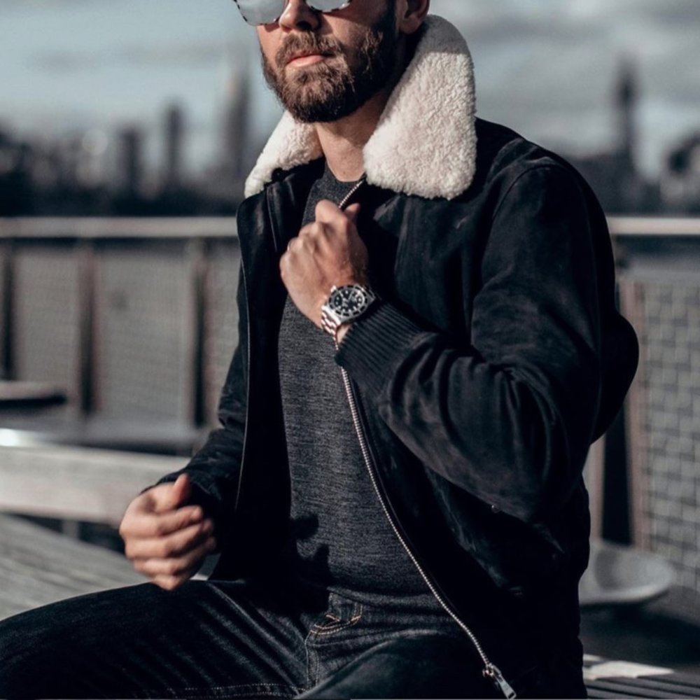 Louis Vuitton Men's Blue Suede Lambskin Bomber Jacket Shearling Trim